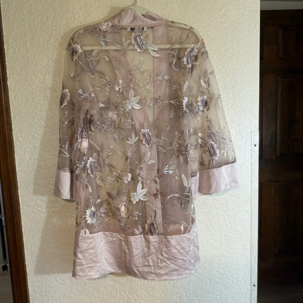 Rya Collection Sepia Rose Embroidered Mesh Kimono Robe Cover Up‎ M L